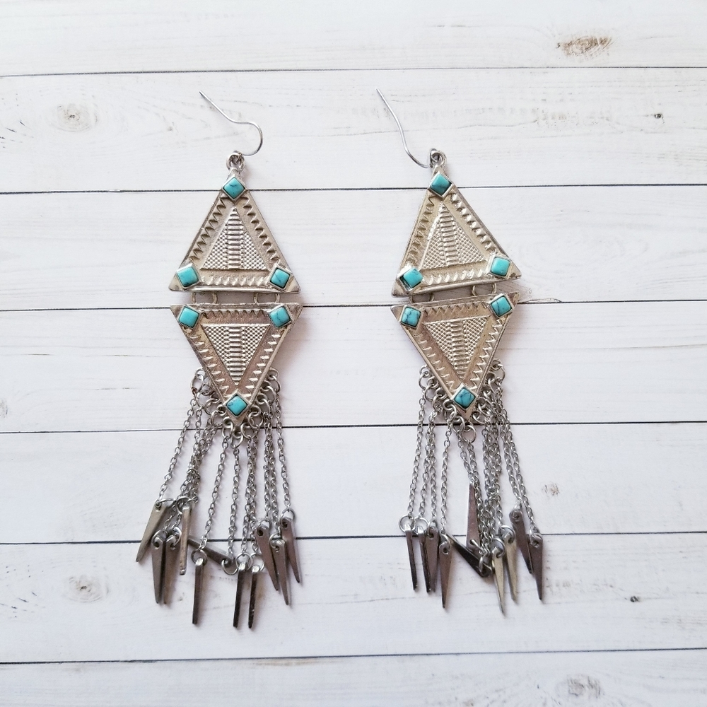 Boho Chic Silver Toned Triangle Turquoise Earrings